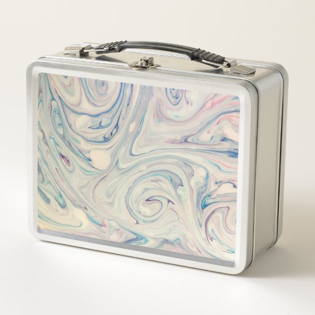White Blue Pink Modernes Abstraktes Fluid Marbella Metall Brotdose (Vorderseite)