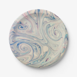 White Blue Pink Modernes Abstraktes Fluid Marbella Pappteller
