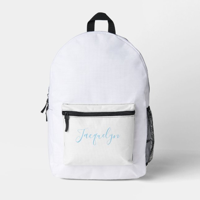 White Blue Schlicht Elegante Moderne Kalligraphie  Bedruckter Rucksack (Vorderseite)
