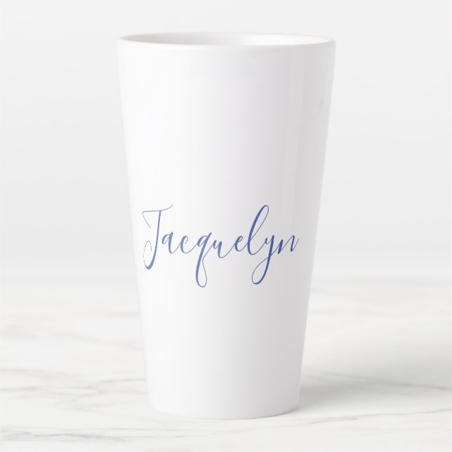 White Blue Schlicht Elegante Moderne Kalligraphie  Milchtasse (Vorderseite)
