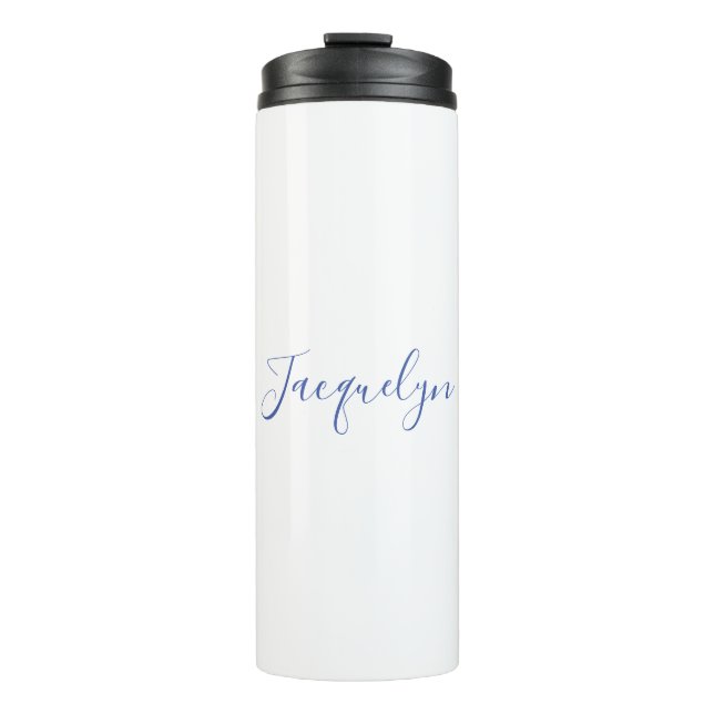 White Blue Schlicht Elegante Moderne Kalligraphie  Thermosbecher (Vorderseite)