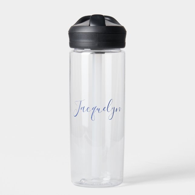 White Blue Schlicht Elegante Moderne Kalligraphie  Trinkflasche (Vorderseite)