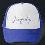 White Blue Schlicht Elegante Moderne Kalligraphie Truckerkappe<br><div class="desc">Erleben Sie dieses moderne, elegante Design. Diese Vorlage kann an alle beruflichen Beruf angepasst werden.</div>