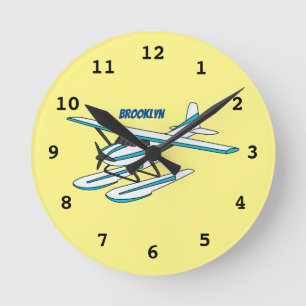 White blue seaplane illustration runde wanduhr
