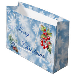 White Blue Snowflake Holly Berries Frohe Weihnacht Große Geschenktüte