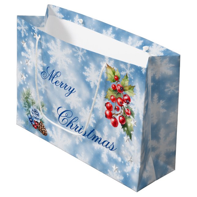 White Blue Snowflake Holly Berries Frohe Weihnacht Große Geschenktüte (Vorderseite Schrägansicht)