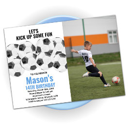 White Blue Soccer Geburtstagseinladungen mit Foto Einladung