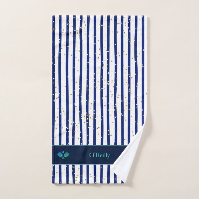 White Blue Stripes Gold Monogram Pickleball Handtuch (Handtuch)