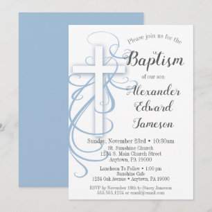 White Blue Swirl Cross Taufe Einladungs Boys Einladung