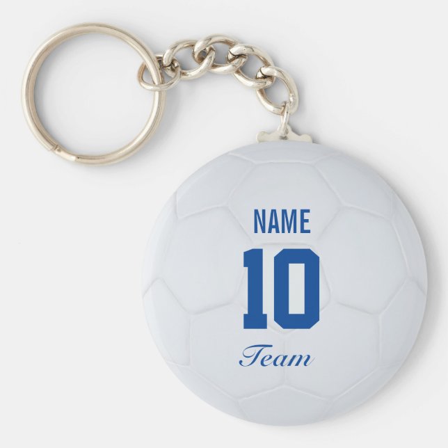 White Blue Team Soccer Ball Personalisierter Name Schlüsselanhänger (Vorne)