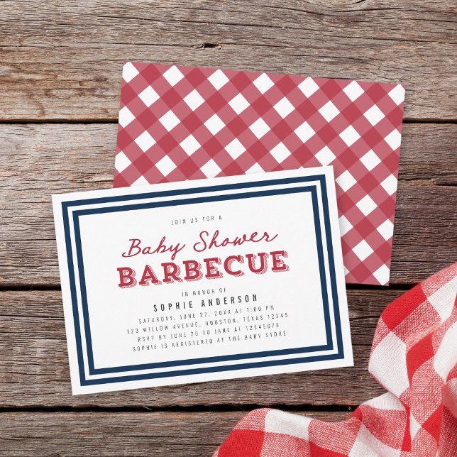 White Blue und Red Gingham Baby Dusche Barbecue Einladung (Von Creator hochgeladen)