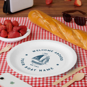 White & Blue Vintag Nautical Boat 2 Illustration Pappteller