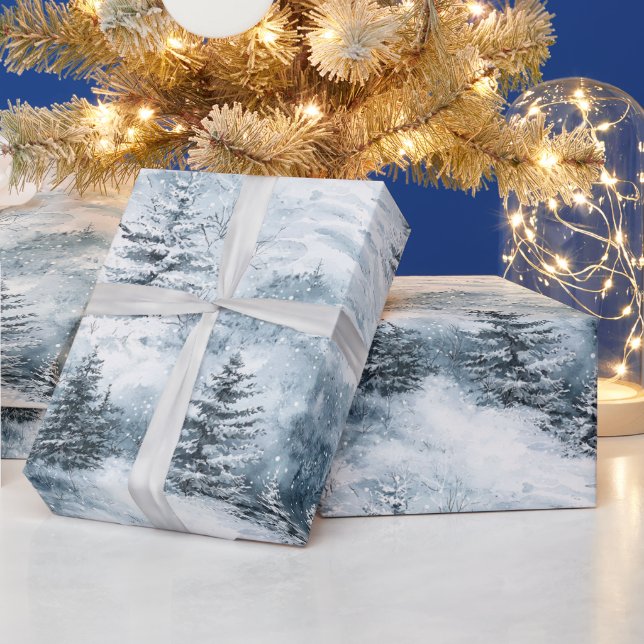 White Blue Weihnachtsbaumen Winterschnee Geschenkpapier (Feiertage)