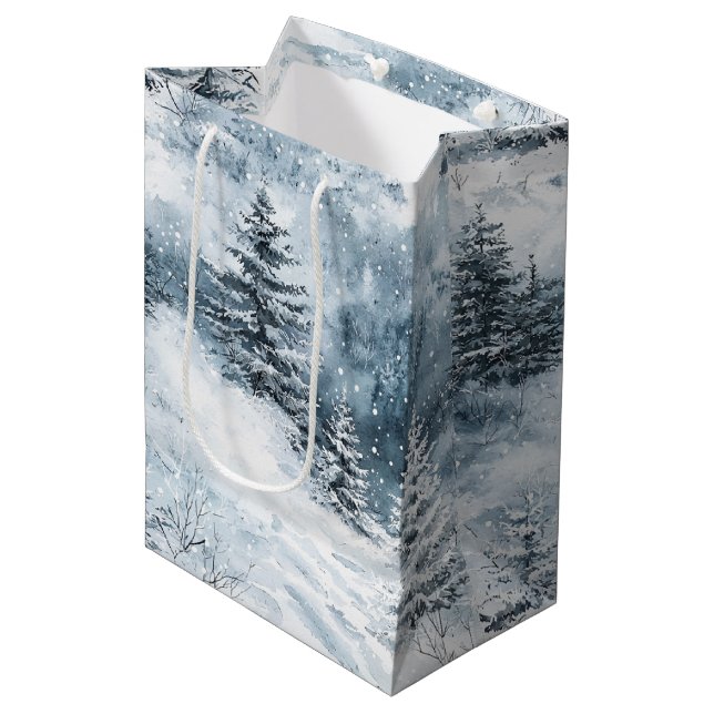 White Blue Weihnachtsbaumen Winterschnee Mittlere Geschenktüte (Vorderseite Schrägansicht)