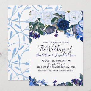 White & Blue Winter Floral Bouquet Chic Hochzeit Einladung