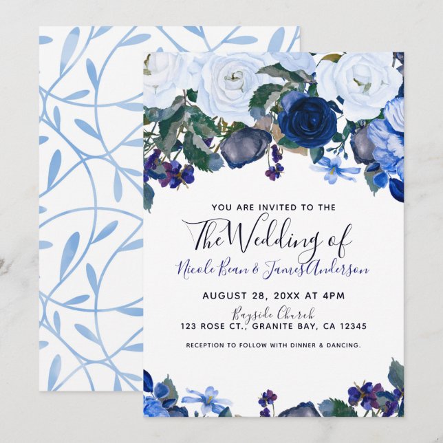White & Blue Winter Floral Bouquet Chic Wedding Einladung (Vorne/Hinten)