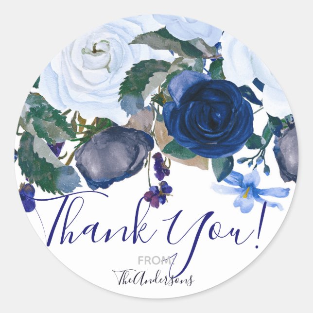 White & Blue Winter Floral Bouquet Chic Wedding Runder Aufkleber (Vorderseite)