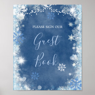 White Blue Winter Snowflake Bridal Gastbuch Poster