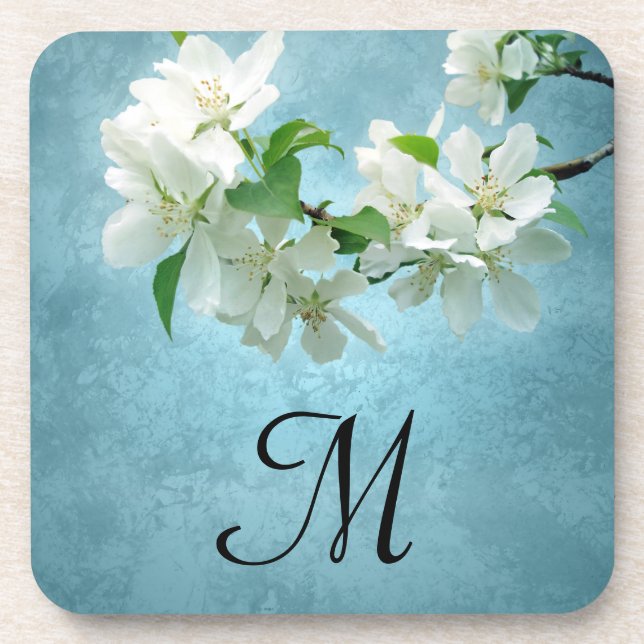 White Blume auf Blue Sky Monogram Drink Untersetze Getränkeuntersetzer (Vorderseite)