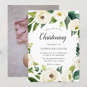 White Blume Baby Foto Christening Taufe Einladung