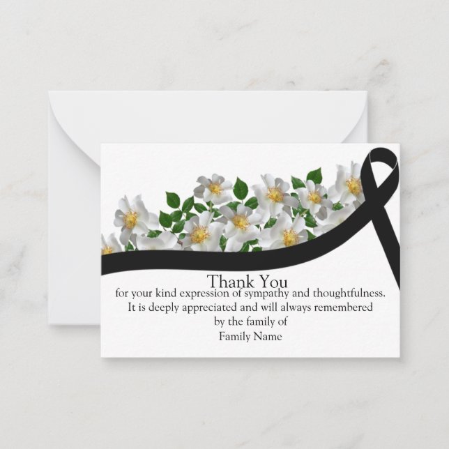 White Blume Black Ribbon nach der Beerdigung Danke Mitteilungskarte (Vorderseite)