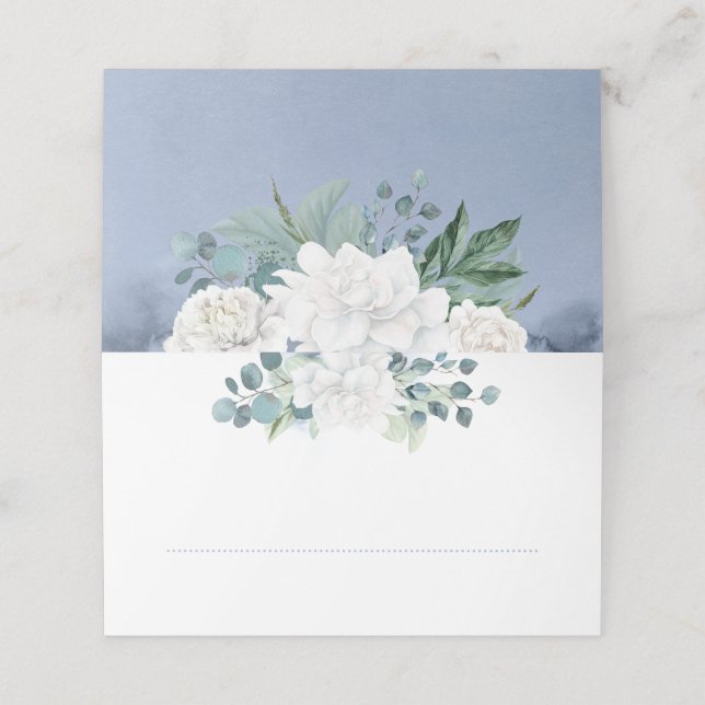 White Blume Dusty Blue Elegante Platzkarte (Außenseite Aufgefaltet)