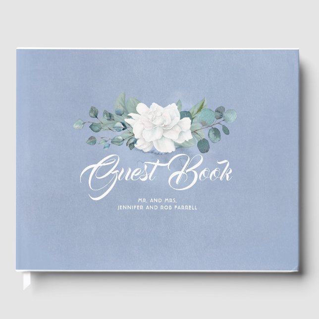 White Blume Dusty Blue Wedding Gästebuch (Vorderseite)