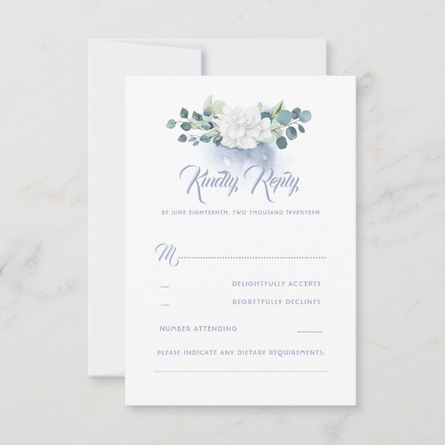 White Blume Dusty Blue Wedding RSVP Karte (Vorderseite)