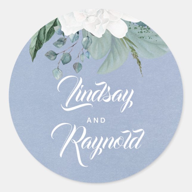White Blume Dusty Blue Wedding Runder Aufkleber (Vorderseite)