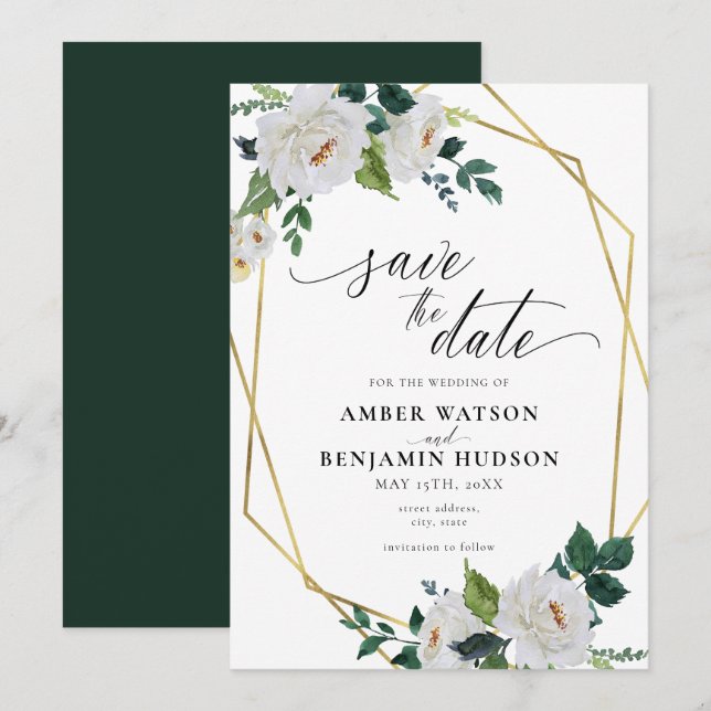 White Blume Emerald Gold Floral Save the Date Einladung (Vorne/Hinten)