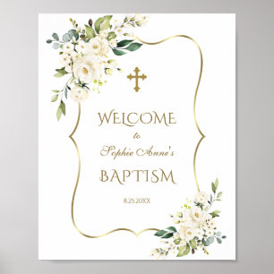 White Blume Gold Frame Taufe Willkommenszeichen Poster