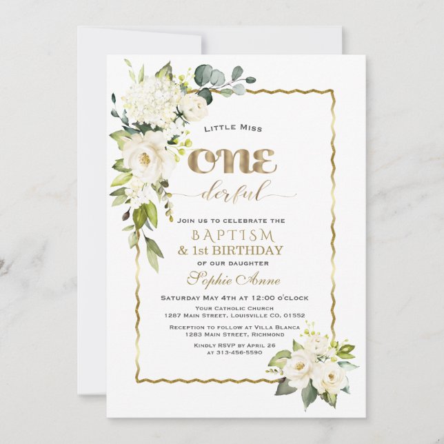 White Blume Gold Girl First Birthday & Baptisse Einladung (Vorderseite)