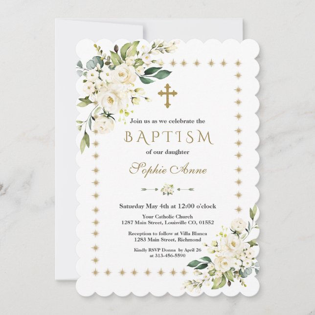 White Blume Gold Glitzer Glitzern Frame Taufe Einladung (Vorderseite)