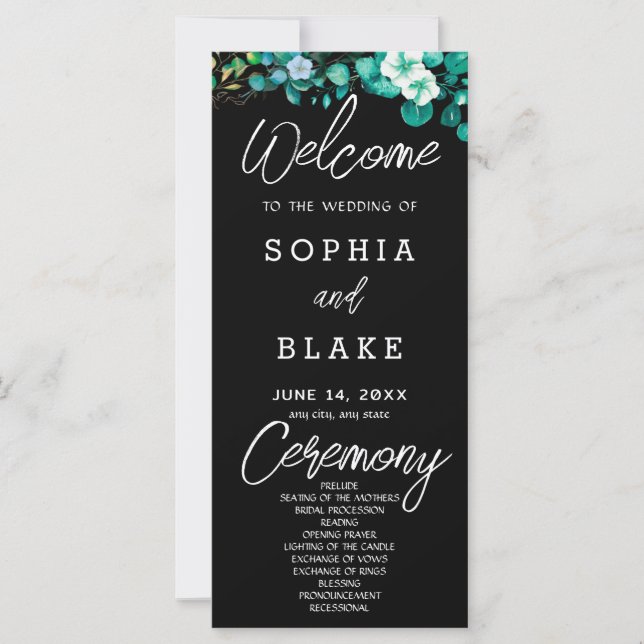 White Blume Greenerity Black Wedding Programm (Vorderseite)