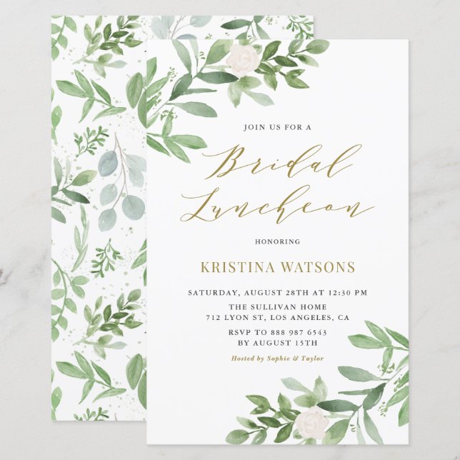 White Blume & Greenery Bridal Luncheon Einladung (Vorne/Hinten)