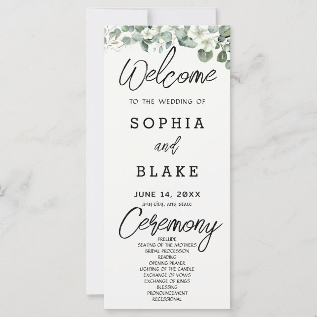 White Blume Greenery Off White Wedding Programm (Vorderseite)