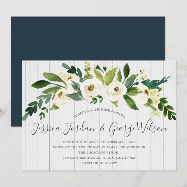 White Blume Holzbackground Wedite Einladung (Vorne/Hinten)