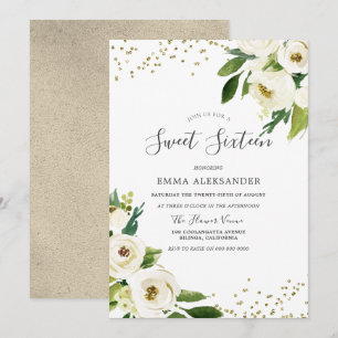 White Blume Modernes Gold 16 . Geburtstag laden ei Einladung
