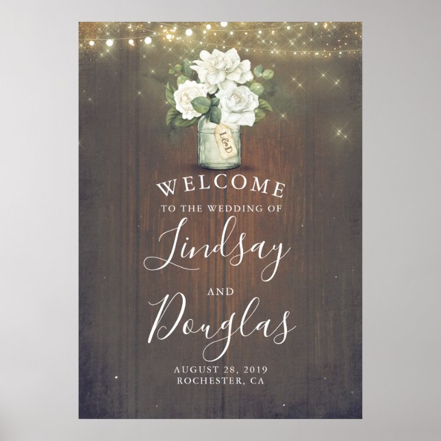 White Blume Rustic Country Wedding Willkommenszeic Poster (Vorne)