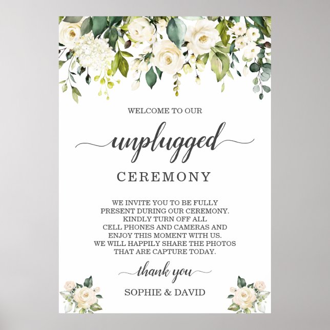 White Blush Floral Unplugged Wedding Zeremony Sign Poster (Vorne)