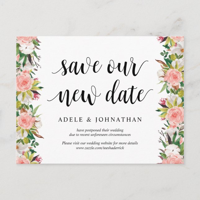 White Blush Florals, Rett unser neues Datum, versc Postkarte (Vorderseite)