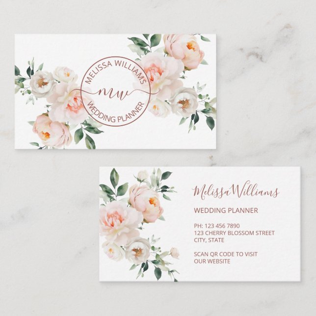 White Blush Flowers Logo Initials Visitenkarte (Vorne/Hinten)