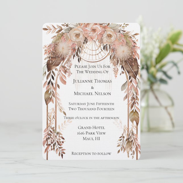 White Blush Pink Cream Boho Blues Wedding Arch Einladung (Stehend Vorderseite)