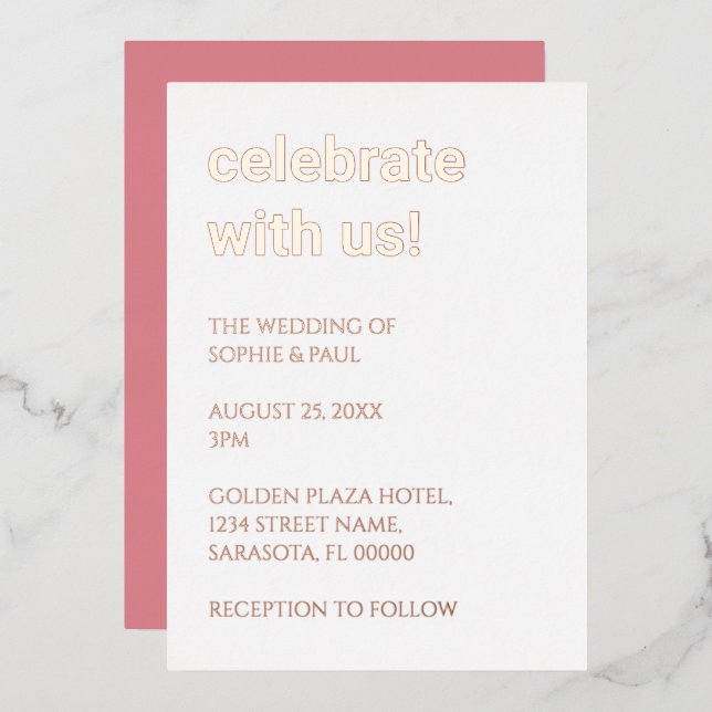 White Blush rose Mariage Rose Gold Foil Invitation (Recto/Verso)