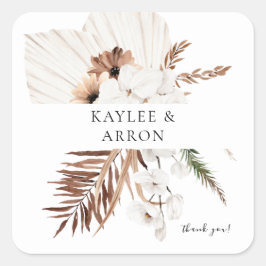White Boho & Beige Floral Vielen Dank Quadratischer Aufkleber