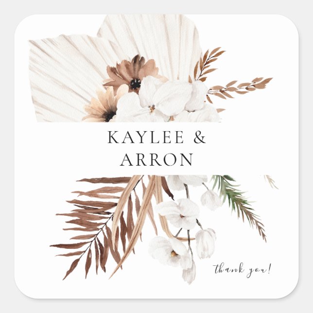 White Boho & Beige Floral Vielen Dank Quadratischer Aufkleber (Vorderseite)