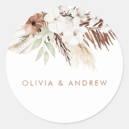 White Boho Blume zagen grüne Blätter Hochzeit Runder Aufkleber