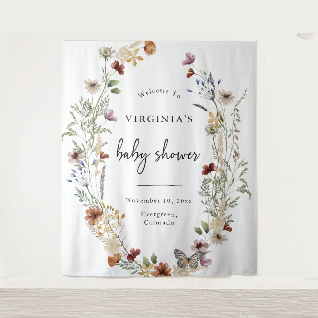 White Boho Floral Baby Dusche Wandteppich (Vorderseite)