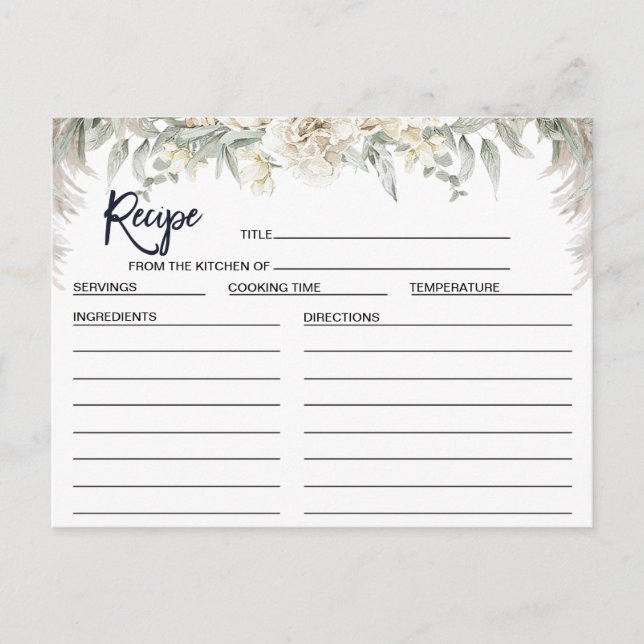 White Boho Floral Brautparty Rezept Card Postkarte (Vorderseite)