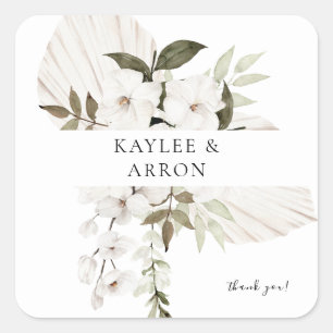 White Boho Floral Vielen Dank Quadratischer Aufkleber